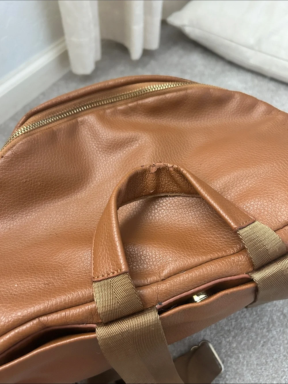 Fawn Design Leather-Look Saddle Brown Backpack with Gold Hardware